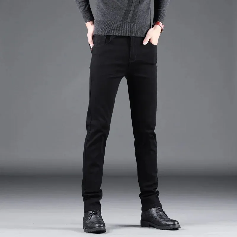 Pantaloni dritti elastici dei jeans slim neri puri dei nuovi uomini di primavera autunno moda business per il tempo libero pantaloni denim vintage coreani maschili — image 4