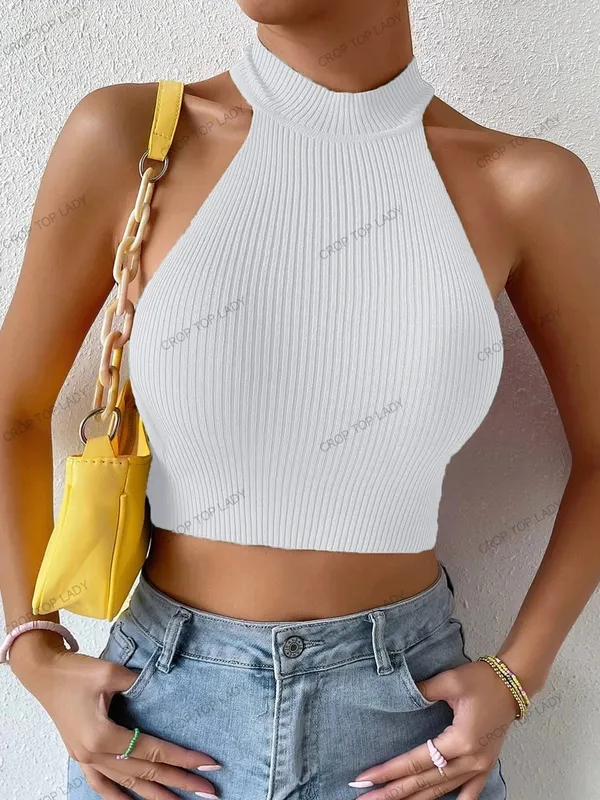 2026 Donne della Molla Nozioni di Base Solido Casual Sexy A Coste Maglia Senza Maniche Corsetto Halter Crossfit Crop Magliette E Camicette Y2k Vestiti Femme Canotta — image 19