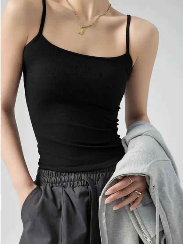 Ärmelloses Tanktop für Damen im Sommer, Basic, Spaghettiträger, schmale Passform, Stretch, gestrickt, einfarbig, Leibchen