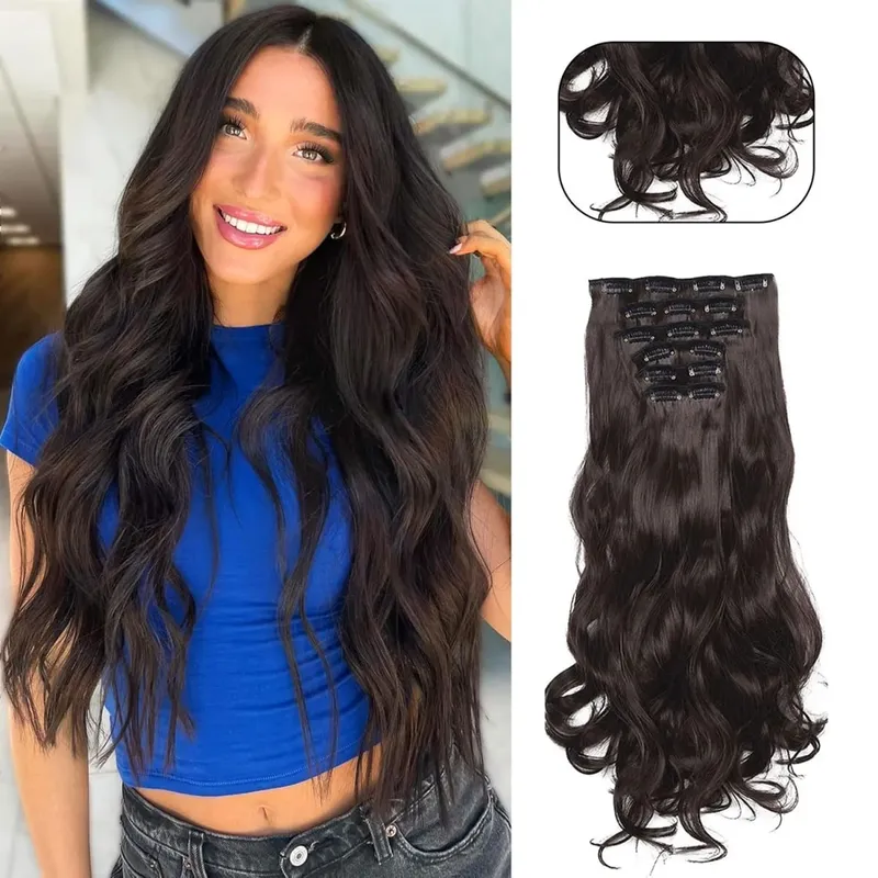 Clip in dlouhé vlnité syntetické vlasy prodlužování 24 palců černé 6ks tlusté příčesky Fiber Double Weft vlasy pro ženy — image 10