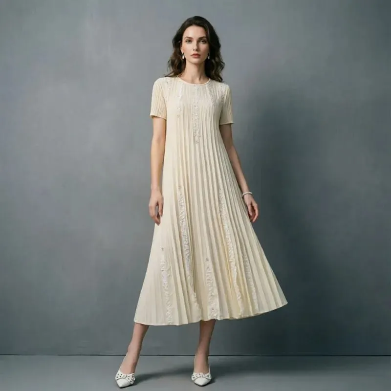 Miyake Abiti eleganti a pieghe Donna 2026 Estate Nuova vacanza Abito in tinta unita Pieghe allentate Manica corta Plus Size Abito pieghevole — image 1