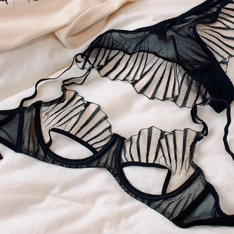 2-piece Women's Brief Sets Black Scallop Chest Cup Embroidered Lingerie Set Underwear Black Mesh Hot Unlined Minimizer Bra — image 3