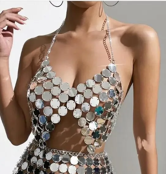 Frauen Pailletten Kette Metall Tops Karneval Backless Metallic Hohl Einstellbare Reflektierende Nachtclub Top Für Frauen топ женский — image 3