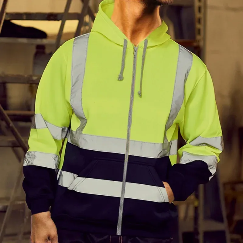 Sudaderas con capucha reflectantes de seguridad para el trabajo para hombre, chaqueta holgada con cordón y cremallera, Jersey fino de lana con capucha, abrigo, sudadera de trabajo informal — image 16