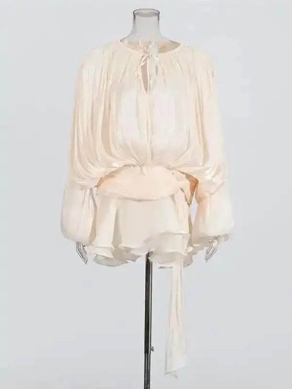 Solide Bluse Mini Kleider Für Frauen V-ausschnitt Langarm Verstärktes Spitze Up Süße Stil Kleid Weibliche Kleidung Mode