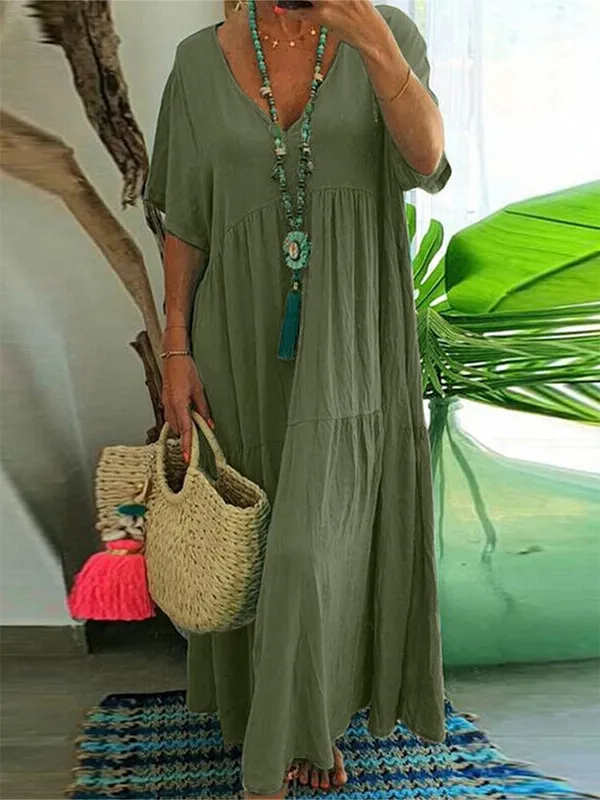 Plus Size Damen Casual Loose V-Ausschnitt Solides Langes Kleid Frühling Sommer Plissee Big Size Damenkleid — image 2