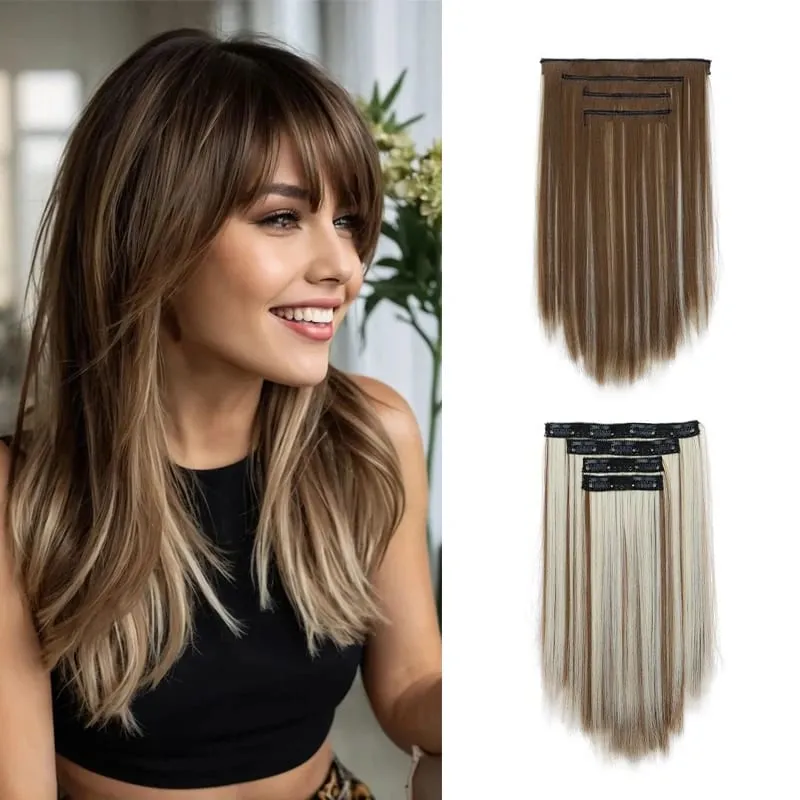 Extensions capillaires synthétiques à Clips 35CM, postiche courte et lisse, postiche Blonde noire, faux cheveux résistants à la chaleur, 4 pièces/ensemble — image 2