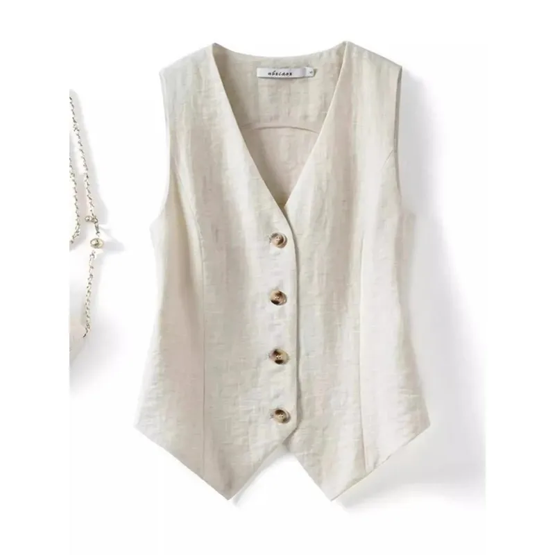 Gilet estivo in lino tinta unita, gilet da donna sottile, vestibilità slim, abito corto senza maniche, gilet con scollo a V — image 5