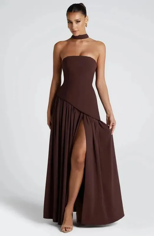 Botergeel Mesh Splicing Lange Jurk Elegante Strapless Split Backless Geplooide Jurken Voor Vrouwen 2026 Lady Avondfeest Jurken
