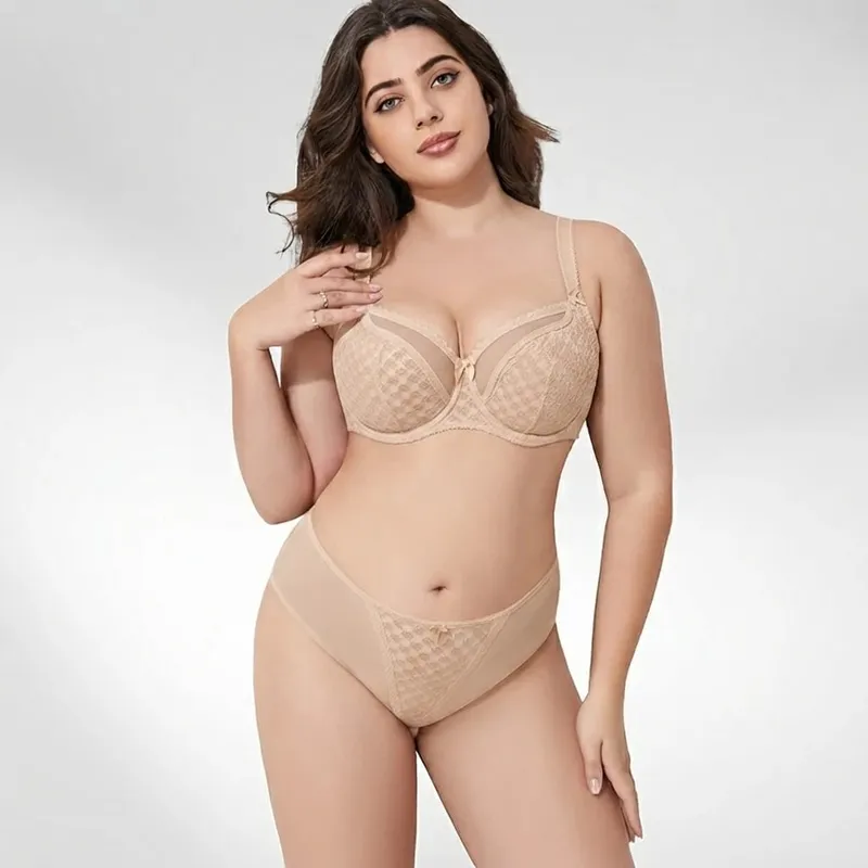 Wanita Curvy Plus Size Polka Dot Mesh Lace Bra Set Panty Underwire Support Full Figure Big Cup E F G H I Breathable Lingerie 2pcs — image 2