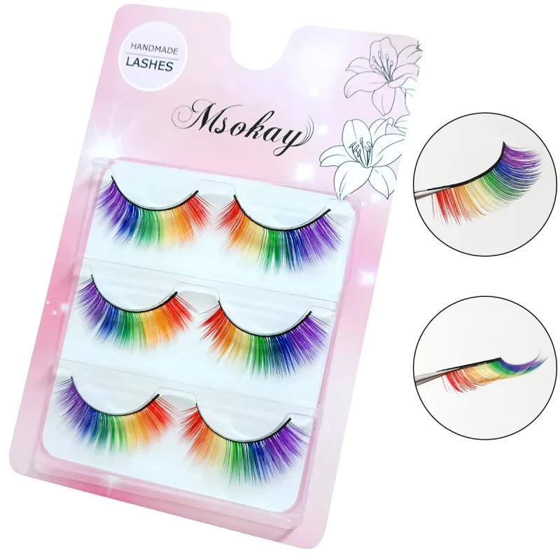 3 Paar 3D flauschige bunte Wimpern, falsche Wimpern, Regenbogenfarben, Zilien für Puppen, Make-up, gefälschte Wimpern, lange Wimpernverlängerung — image 2