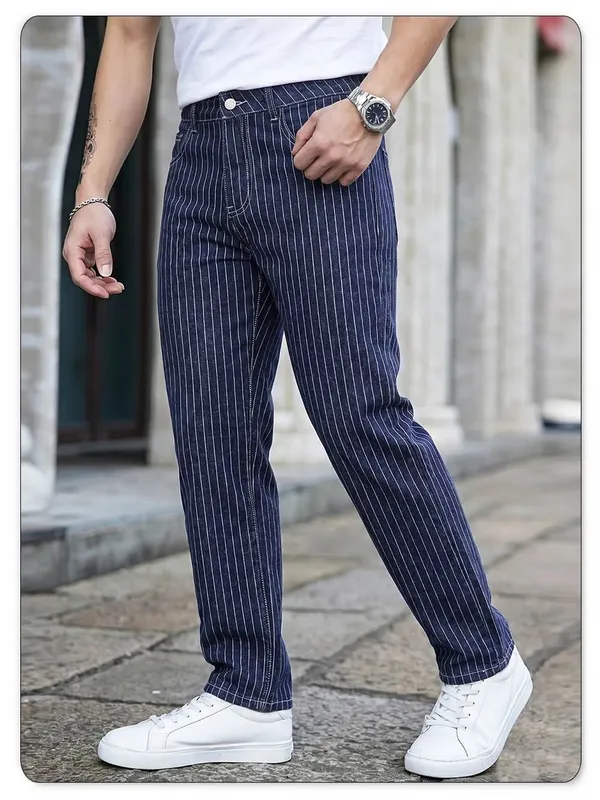 Leichte, luxuriöse, blau-weiß gestreifte Jacquard-Jeans mit schmaler, elastischer Passform und geradem Bein. Business-Casual-Jeans für Pendler — image 7