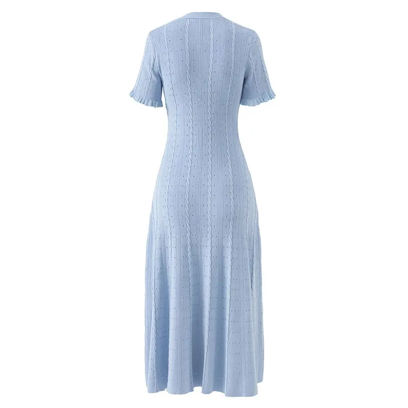 Musim Panas Wanita Elegant Rajutan Single Breasted Gaun Panjang Wanita Lengan Pendek O Leher Butang Bodycon Pesta Vestidos Wanita — image 8