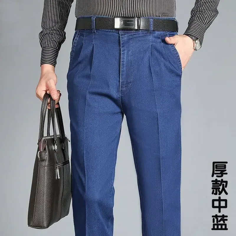 Primavera e verão jeans de meia-idade high-end elástico solto de cintura alta jeans masculino pai calças jeans de negócios