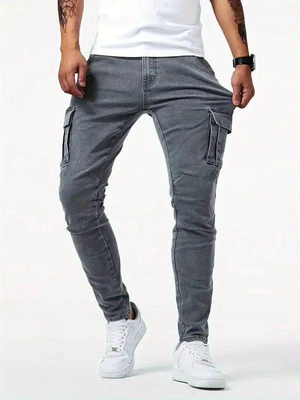 Panlalaking street stretch denim jeans wasshed solid color multi pocket work pants casual slim fit daily wear jogging pants mid wa — image 2