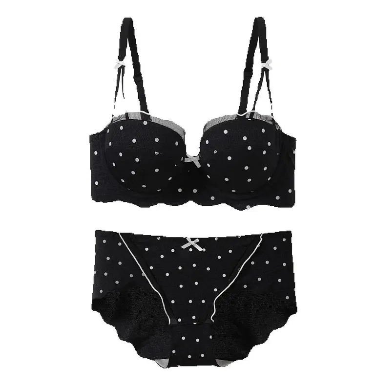 Zweiteiliges Set mit gepunktetem Spitzen-BH, kleine Brust, Raffung, Anti-Sagging-Seitenbrust-Kollektion, bequemes, kabelloses Dessous-Set — image 2
