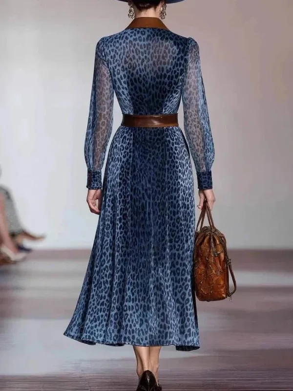 ผู้หญิงElegantชุดเสือดาวพิมพ์ชุดตาข่ายColorblockปกเดี่ยวBreasted Vintage Chicแขนยาวชุด — image 3