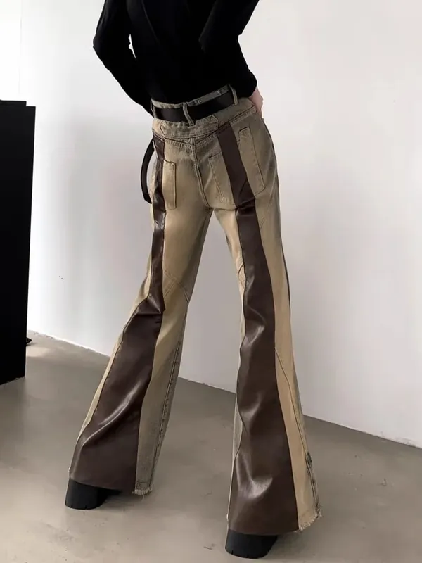 Trashy Y2K 2000S Pu skórzany patchworkowy wąskie dżinsy rozkloszowane spodnie dla mężczyzn 90S ubrania vintage Colorblock spodnie dżinsowe Moda Hombre — image 2