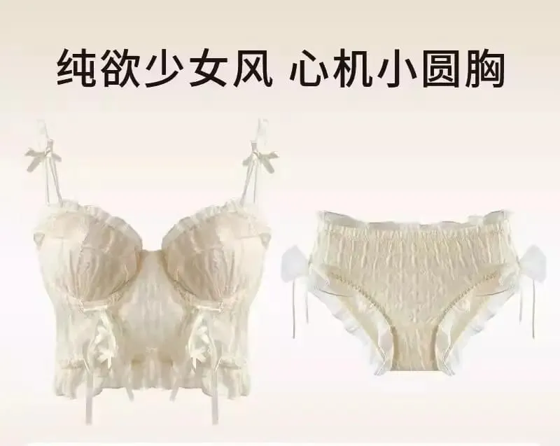 Tatlı Dantel Push Up Sütyen Seti Bayan Küçük Büstü Fırfır Örgü Çapraz Bandaj Strappy Seksi Saf Desi Lingerie İç — image 8
