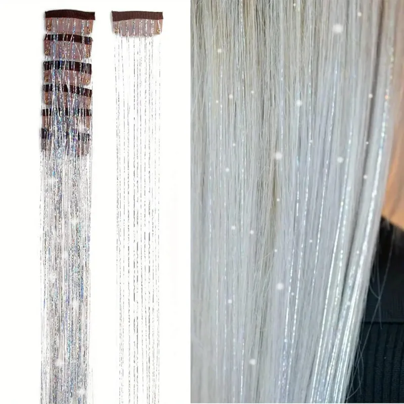 Farbe helle Seide Clip nahtlose Haarverlängerungen glitzernde Goldseide schillernde Laserdraht-Farbstreifen synthetische Perücken — image 7