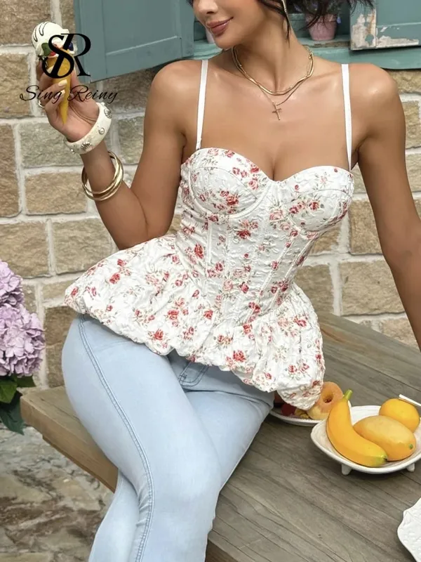 สไตล์ฝรั่งเศสพิมพ์ Hotsweet Corset TOP ผู้หญิงสายคล้องคอ Shapewear Bohe Camis Strapless Floral Holiday Beach Top — image 5