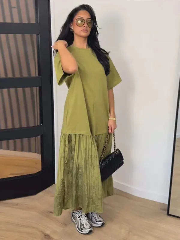 Patchwork z krótkim rękawem długa, obszerna sukienka damska elegancka, dekolt w kształcie litery "o", plisowana luźna impreza wieczorowa suknie letnia w stylu Casual, damska Vestidos