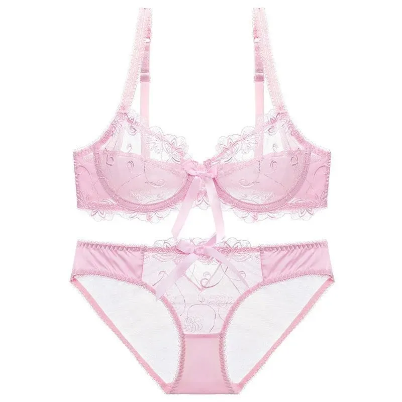 레이스 푸시 업 브래지어 세트 통기성 팬티얇은 메쉬 컵 투명 Behal 란제리 보우 자수 Flora Soutien Gorge — image 4