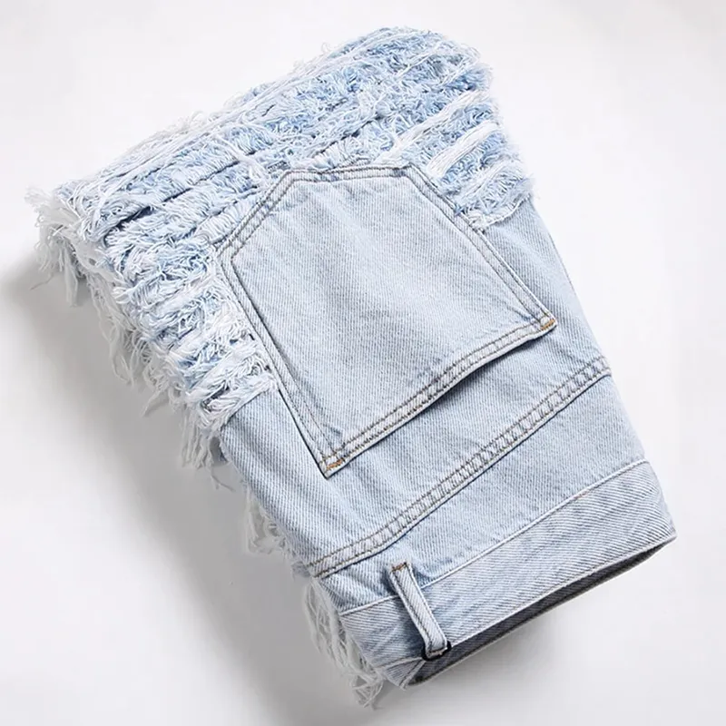 Men's Light Blue Fringe Denim Jeans Ripped Distressed Destroyed Streetwear Pants with Patches Patchwork Loose Fit Trousers — image 5