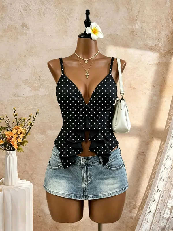 Women Deep V Spaghetti Strap Cami Top Front Self Tie Bow Ruffle Cutout Waist Slim Fit Solid White Summer Y2K Sleeveless Tank Ves — image 6