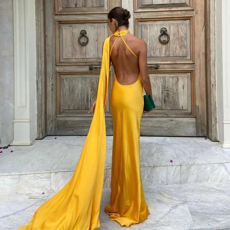 Robe longue en Satin pour femmes, dos nu, col en V, sans manches, fente, couleur unie, Sexy, Robes de soirée, vacances, été, 2026 — image 18