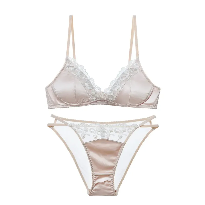 Dessous-Set im französischen Stil für Damen, dünner, bügelloser Triangel-BH mit Spitzen- und Stickmuster — image 6