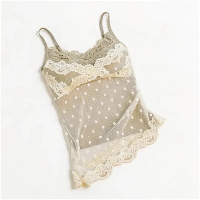 Women's Polka Dot Lace Spaghetti Strap Camisole with Pad Bust Adjustable Straps Side Lace Sexy Summer Daily Top A33079