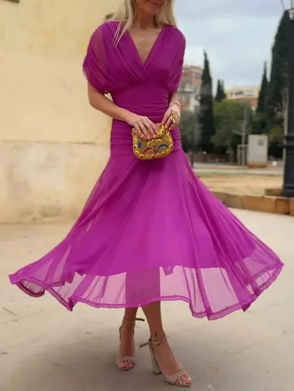 ผู้หญิงลึก V คอตาข่ายยาวชุดพัฟแขนสั้น Ruched เอวสูง Vestidos 2026 ฤดูร้อน Lady Casual street Robe — image 9