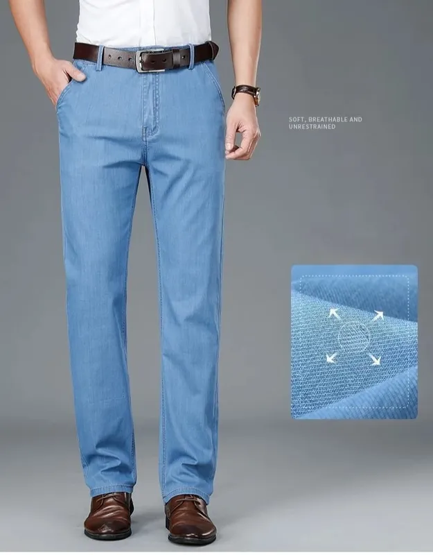 Seluar Jeans Nipis Perniagaan Lelaki Keanjalan Klasik Seluar Denim Kaki Lurus Fesyen Seluar Lembut Selesa Pakaian Kasual Lelaki — image 8