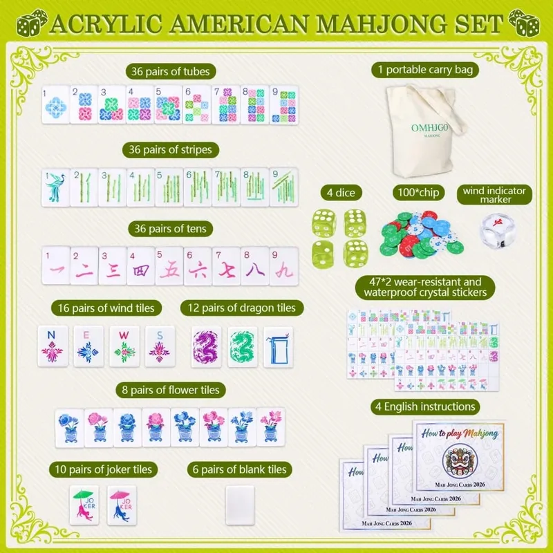 4-lagiges amerikanisches Mahjong-Set aus Acryl, luxuriös, gravierte Mahjong-Fliesen, hellgrün, Reise-Mah-Jongg-Sets für Brettspiele für Erwachsene