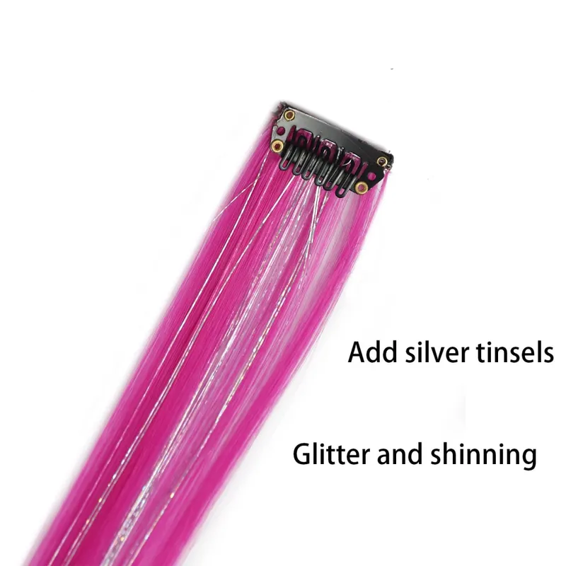 Estensioni per capelli colorati Orpelli misti argento Clip sintetica nei capelli Parrucchino arcobaleno Punti salienti della festa per le donne Ragazze — image 4