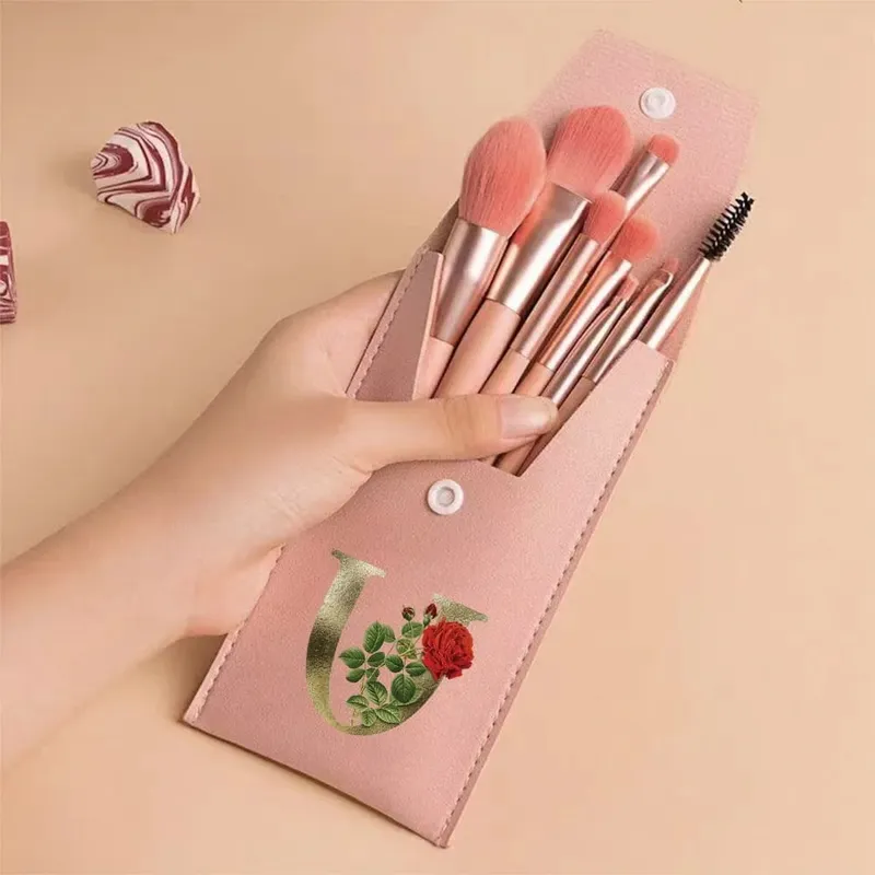 Juego de brochas de maquillaje para principiantes, brochas suaves y esponjosas para rostro y ojos con bolsa de PU, ideal para maquilladores, patrón de flores doradas — image 26