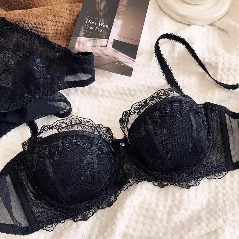 Set di due pezzi di lingerie in pizzo ricamato francese Reggiseno con ferretto morbido e traspirante leggero con supporto leggero per busti più piccoli — image 4
