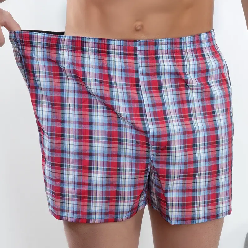 Boxer 100% coton pour hommes, sous-vêtements de sommeil décontractés à carreaux, confortables, vêtements de maison, culottes de plage rayées, 2 pièces/lot — image 3