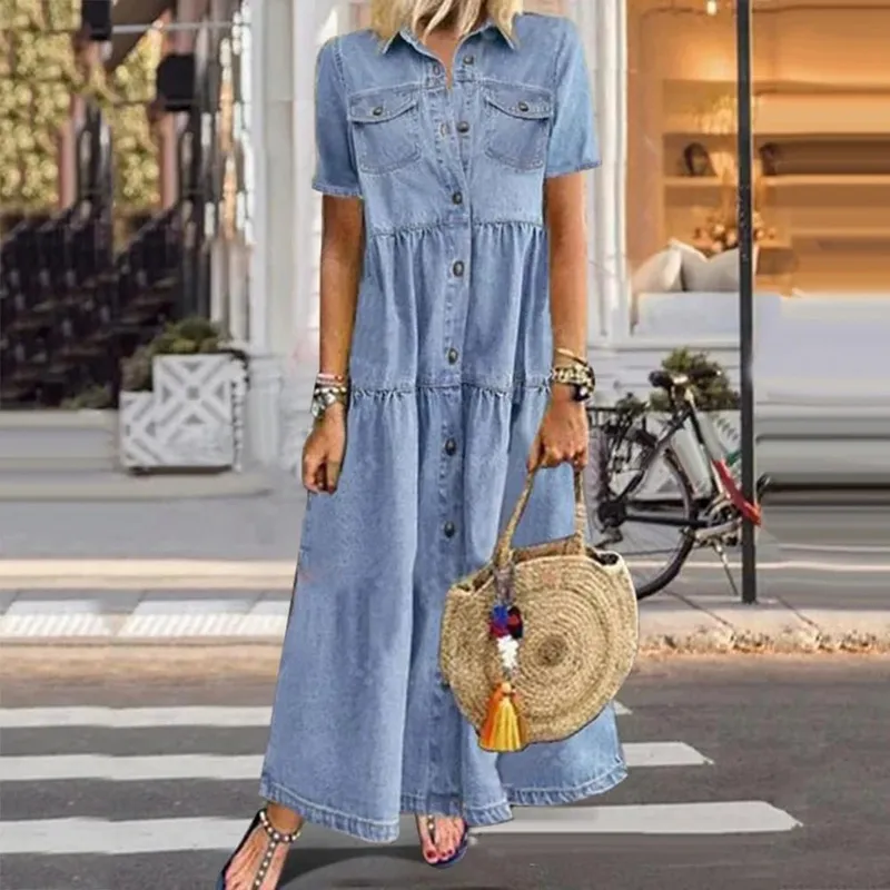 Retro Frauen Kleider 2022 Kurzarm Drehen Unten Kragen Taschen Taste Lange Lose Denim Kleid Sommer Langes Kleid — image 4