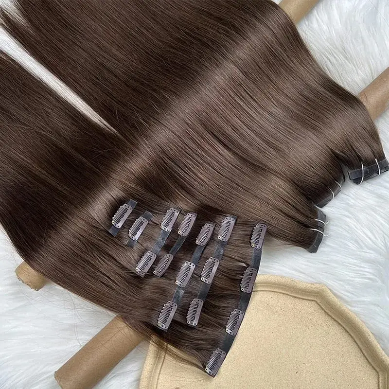 # 2 Clip invisibile senza cuciture a colori nelle estensioni dei capelli Clip di trama dritta in PU in doppia trama Capelli umani vergini grezzi al 100% 7 pezzi / 100 g — image 6