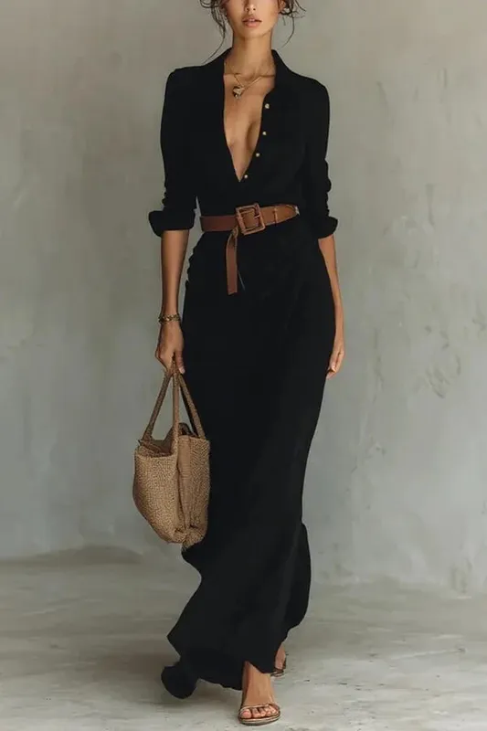 Women's Fashion Solid Holiday Party Dress Elegant Lapel Button Draped Long Dress Casual Long Sleeve Match With Belt Shirt Dress — image 8
