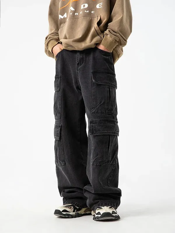 Gothic Harajuku Y2K Multi-Pocket Washed Black Jeans Men Fall Loose Drag Pants Street Hip Hop Rap 90s Spice Girls Wide Leg Pants — image 4