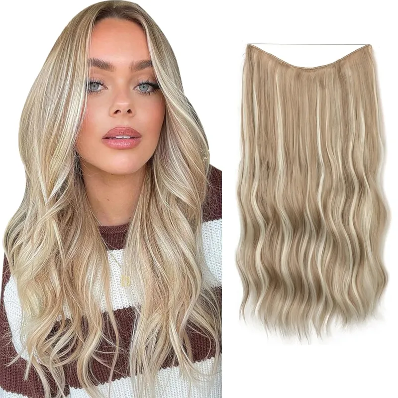 Synthetic Wave Invisible Clip in Hair Extensions Fish Line Ombre Natural Blonde One Piece Hairpiece Fake Hair Piece — image 8