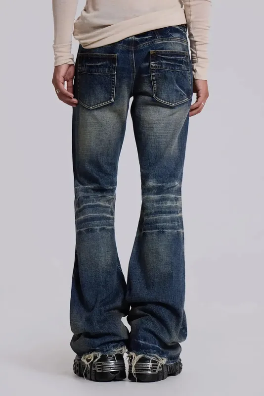 Y2K Jeans svasati blu medio lavati uomo donna jeans bootcut gotico High Street unisex streetwear pantaloni larghi a gamba larga — image 10