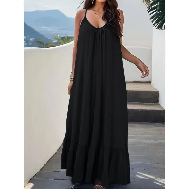 Robes d'été 2026 nouvelle couleur unie Spaghetti sangle Maxi robe femmes col en V pour plage fête Resort tenue quotidienne assortie