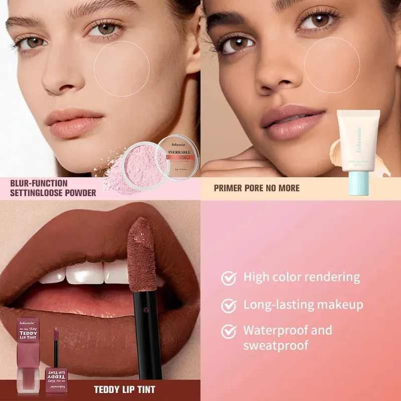 4 teile/satz Pore No More Primer + Lippentönung + Lose Abbindepuder Make-up-Set Matte Langlebige Wasserdichte Wirkung Reise Tragbar — image 4