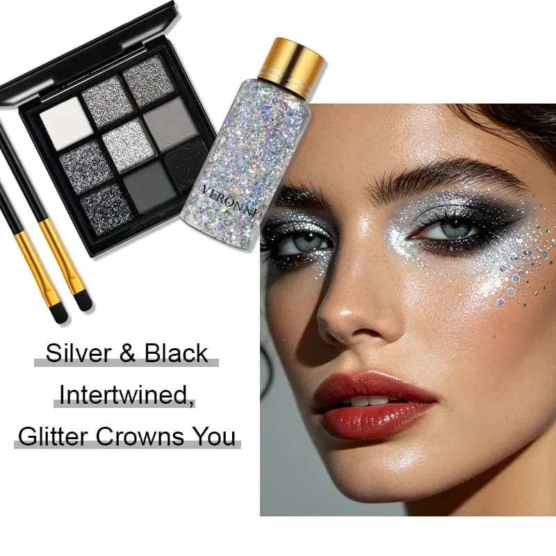 9 Colors Black Smoky Eyeshadow Palette with Holographic Glitter Sequins & Dual‑End Eyeshadow Brushes Halloween Party Makeup Kit — image 3