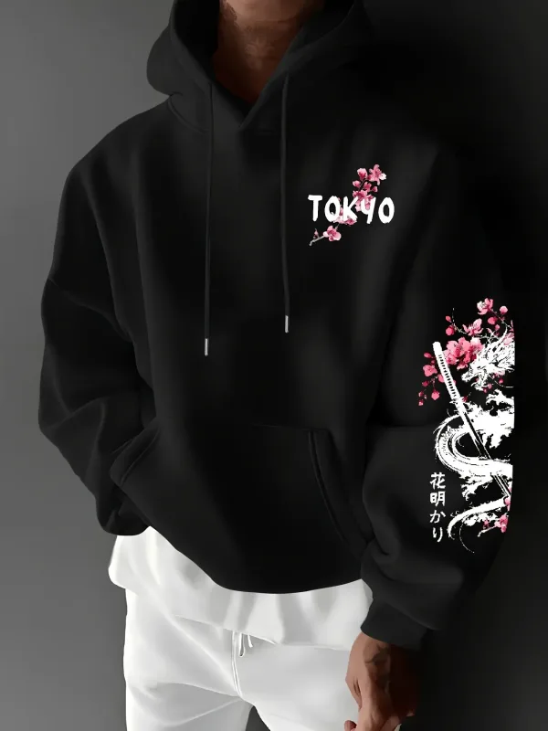 Herren-Kapuzenpullover im Anime-Stil mit Drachenmuster und Kirschblüten-Print für Winterwärme, lockeren und lässigen Stil — image 3