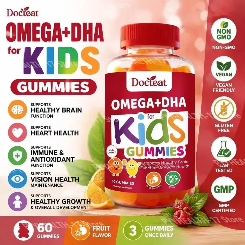 Docteat Omega+DHA Kids Gummies พร้อม DHA จากสาหร่าย วิตามินซีและ Chia Oil Omega-3 6 9 สำหรับสมองและการมองเห็น 60 Gummies — image 1
